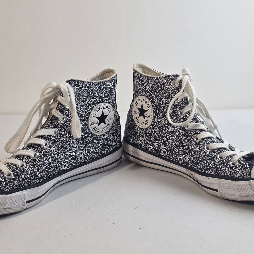 Converse Platform High Top Sneakers Chuck Taylor Glittery Silver Black Womens 9 - Picture 2 of 8